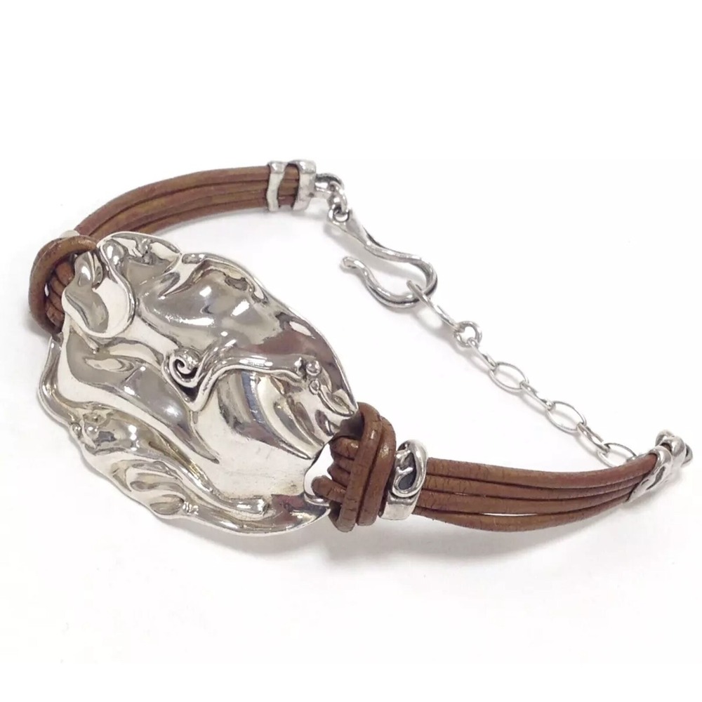 Hagit‎ Gorali Israel Sterling Silver & Leather Hook Loop Adj. Bracelet 6¼"-8"